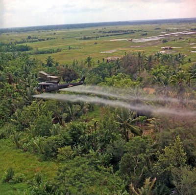 A UH-1D helicopter from the 336th Aviation Company sprays a defoliation agent on a dense jungle area in the Mekong Delta by American Photographer